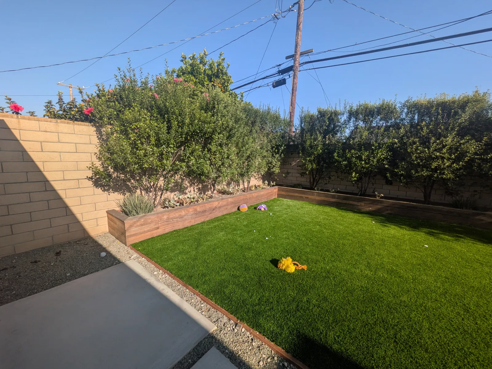 Backyard artificial turf lawn bordered by a block wall and timber planter box.